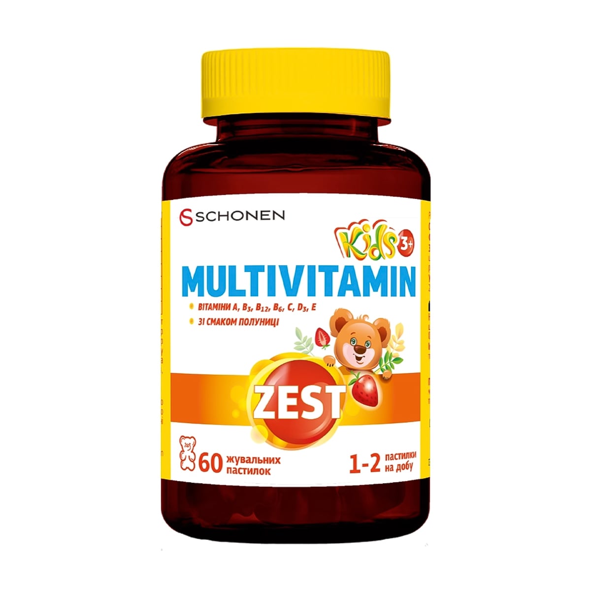 Дитячі мультивітаміни Schonen Zest Kids Multivitamin зі смаком полуниці, 60 жувальних пастилок